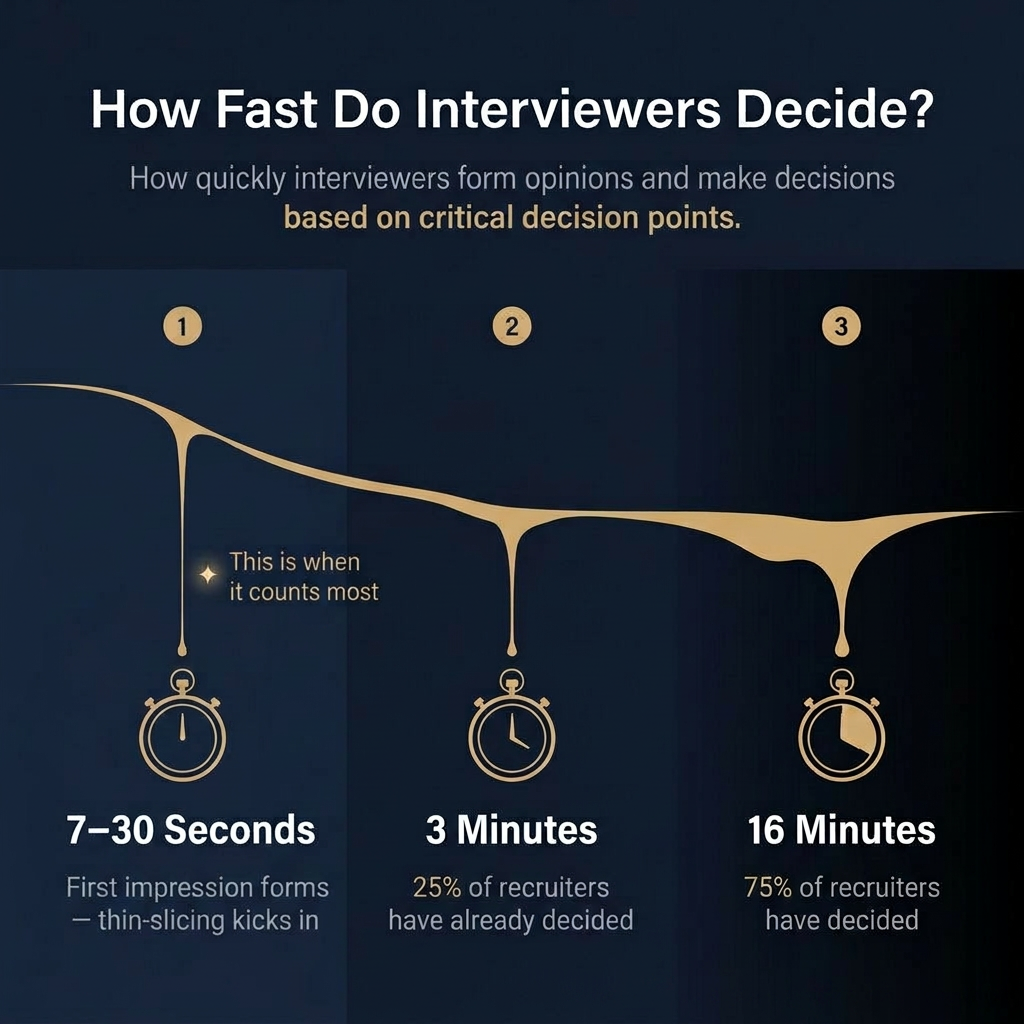 Timeline showing recruiter decision points at 30 seconds, 3 minutes, and 16 minutes into an interview